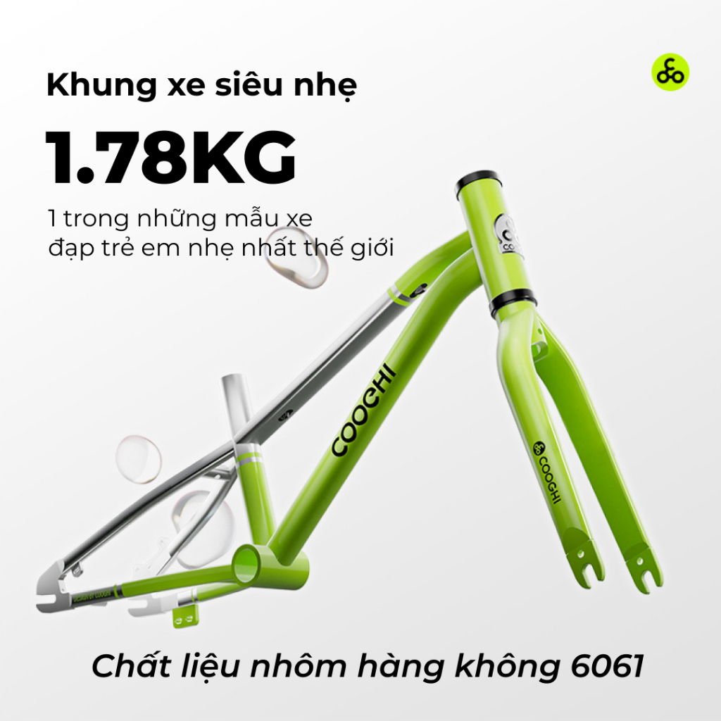 Xe đạp cho bé Cooghi F3, khung nhôm 6061 siêu nhẹ 1.75kg, có bánh phụ
