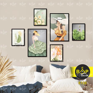 Bộ 6 bức tranh treo tường, tranh dán tường, cô gái thời trang hiện đại, Bắp Decor