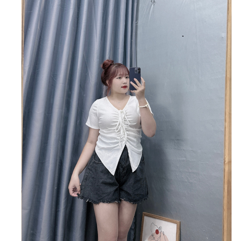Áo Thun Dây Rút Bigsize Nữ Dễ Thương,Áo Thun Big Size Vải Dệt Kim Thun Gân Mềm Min Mặc Mát G42
