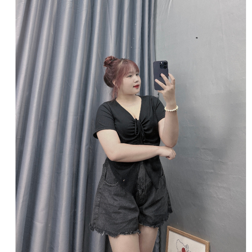 Áo Thun Dây Rút Bigsize Nữ Dễ Thương,Áo Thun Big Size Vải Dệt Kim Thun Gân Mềm Min Mặc Mát G42