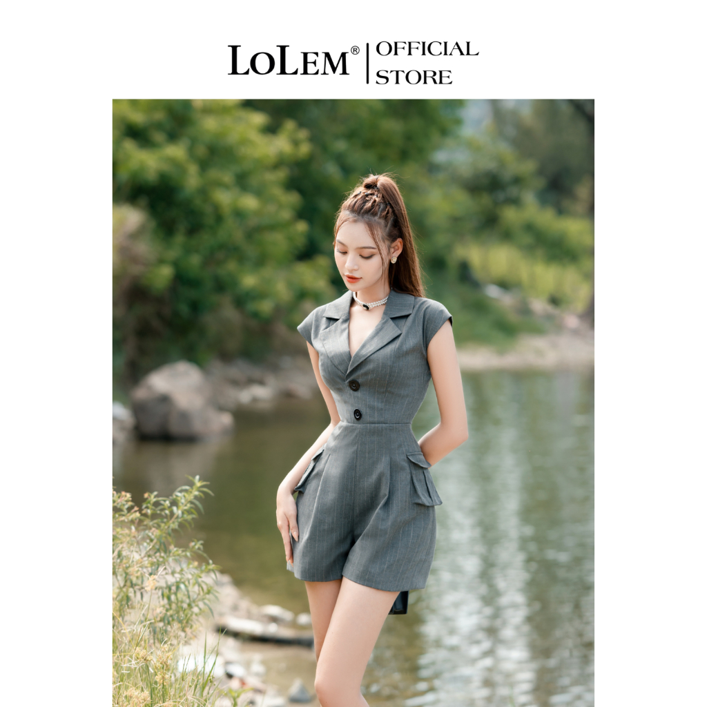 Jumpsuit nữ ngắn LOLEM JSN009 cổ vest chất kate kẻ Quảng Châu thoáng mát