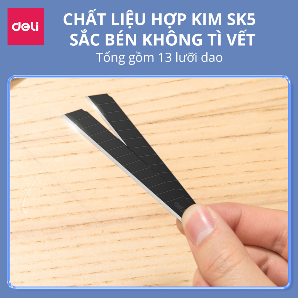 Dao rọc giấy Deli cao cấp lưỡi thép không gỉ SK5 - Dao rọc mini bỏ túi kim loại tiện lợi văn phòng học sinh có móc treo