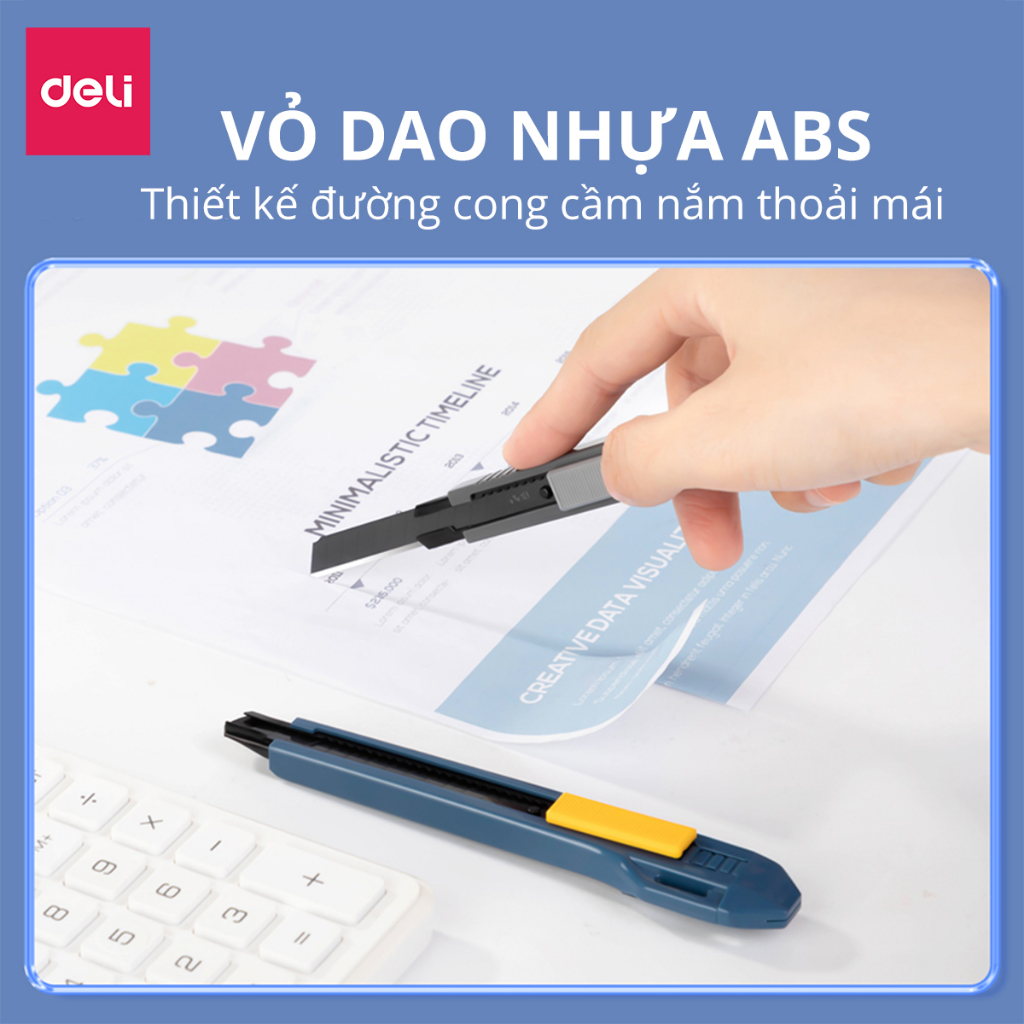 Dao rọc giấy Deli cao cấp lưỡi thép không gỉ SK5 - Dao rọc mini bỏ túi kim loại tiện lợi văn phòng học sinh có móc treo