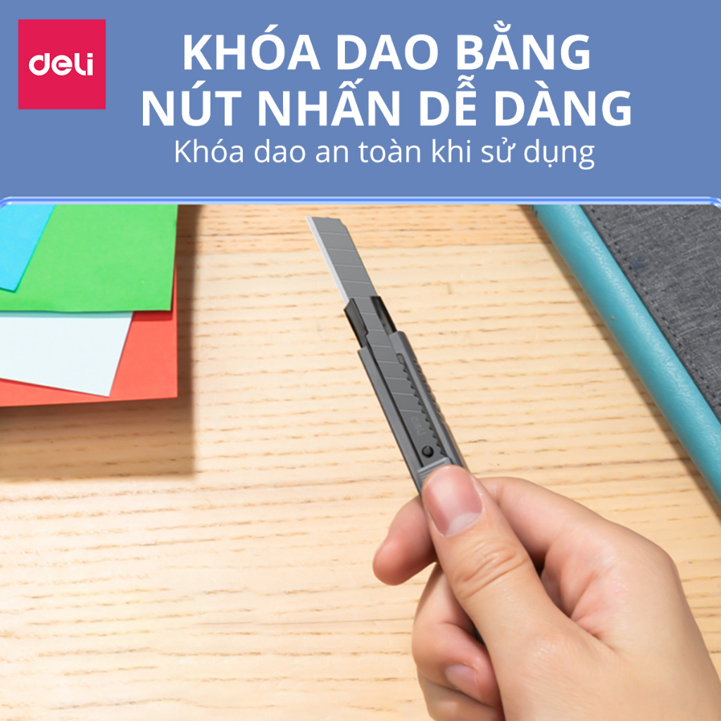 Dao rọc giấy Deli cao cấp lưỡi thép không gỉ SK5 - Dao rọc mini bỏ túi kim loại tiện lợi văn phòng học sinh có móc treo