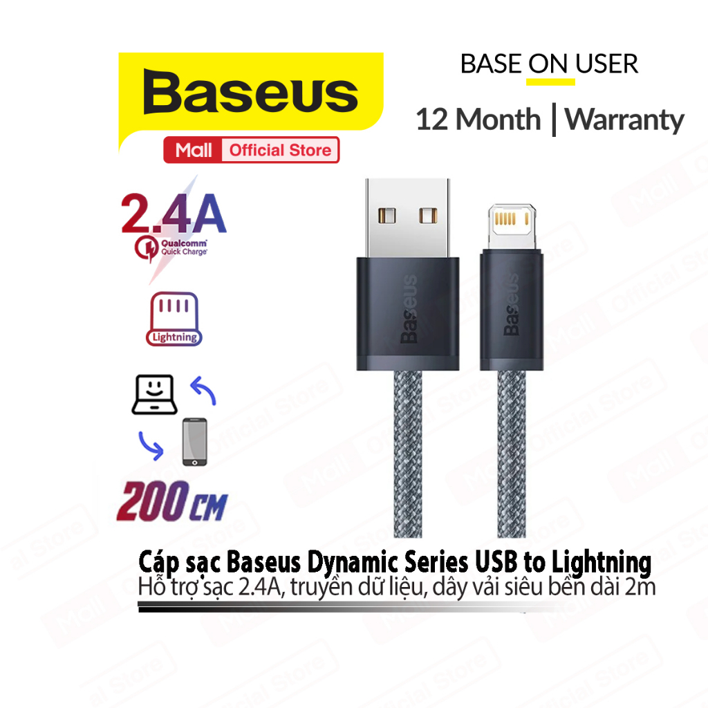Ảnh Cáp sạc Baseus Dynamic USB cho iP7/8/10/11/12/13promax 2.4A dây dù siêu bền dài 1m/2m 1