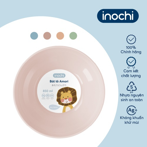 Bát nhựa ăn dặm cho bé 850ml Inochi Amori nhựa nguyên sinh kháng khuẩn Ag+ loại lớn, an toàn cho bé