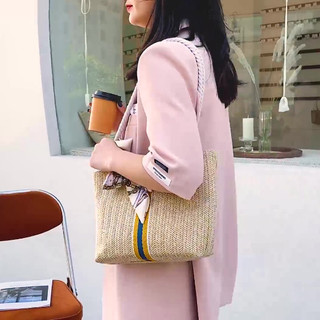 Túi cói Đi Biển Du Lịch nơ lụa phong cách vintage Hàn Quốc Mẫu Mới