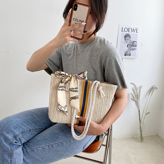 Túi cói Đi Biển Du Lịch nơ lụa phong cách vintage Hàn Quốc Mẫu Mới
