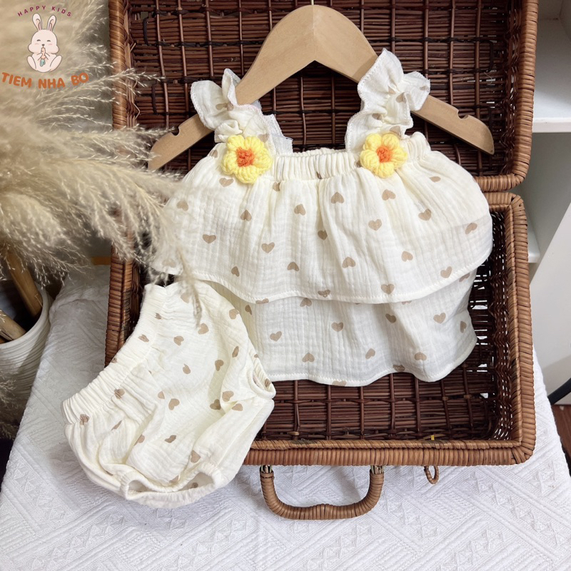 Bộ 2 dây bé gái, đồ bộ bé gái sơ sinh đính kèm hoa họa tiết dễ thương cho bé từ 5-15kg Tiệm Nhà Bơ