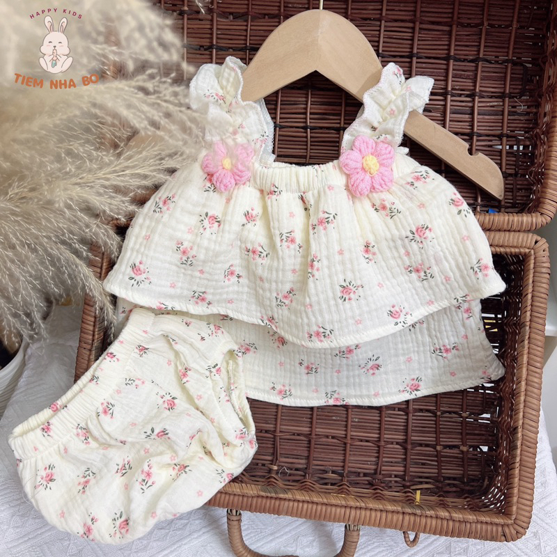 Bộ 2 dây bé gái, đồ bộ bé gái sơ sinh đính kèm hoa họa tiết dễ thương cho bé từ 5-15kg Tiệm Nhà Bơ