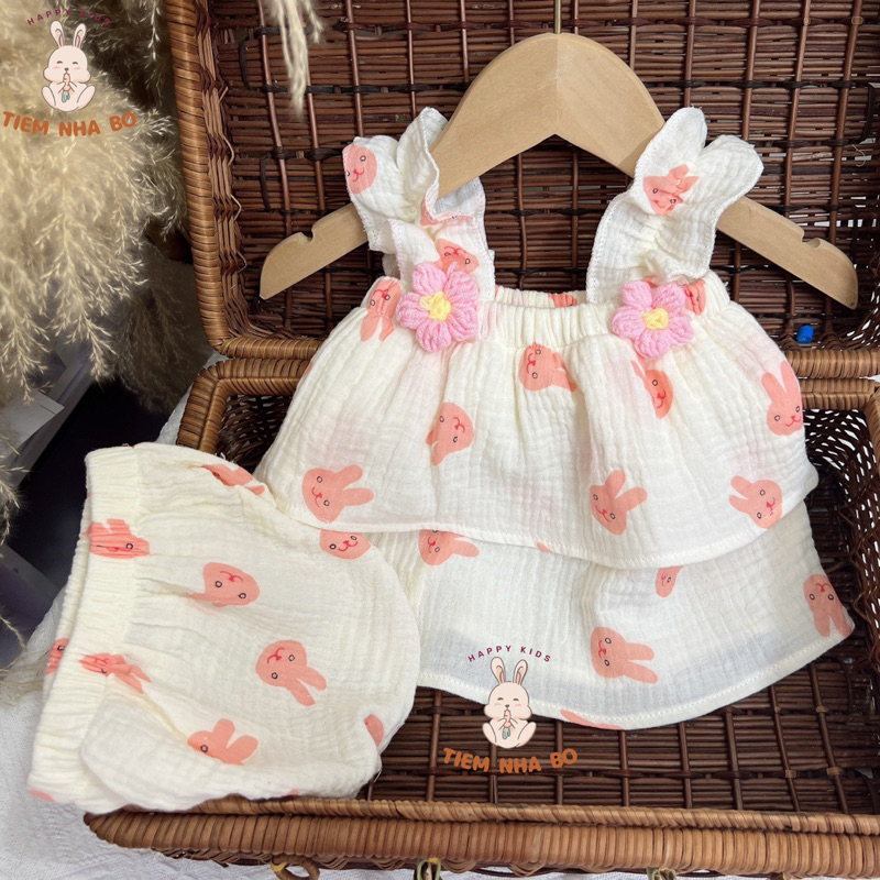 Bộ 2 dây bé gái, đồ bộ bé gái sơ sinh đính kèm hoa họa tiết dễ thương cho bé từ 5-15kg Tiệm Nhà Bơ