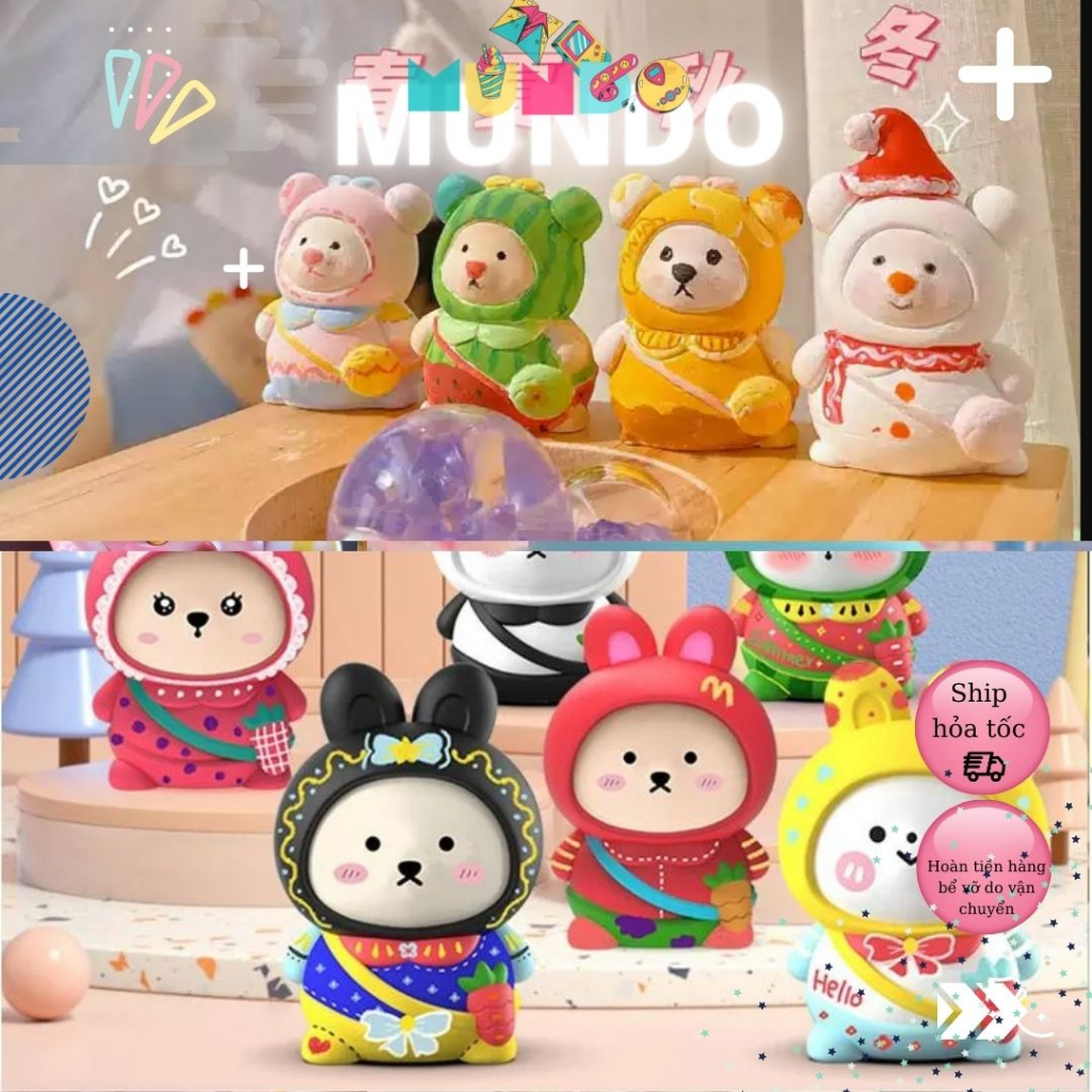 [MUNDO] Tô Tượng Thạch Cao Gấu Mini Đi Học Size S, Đồ Chơi Tô Màu DIY Cho Bé Sáng Tạo