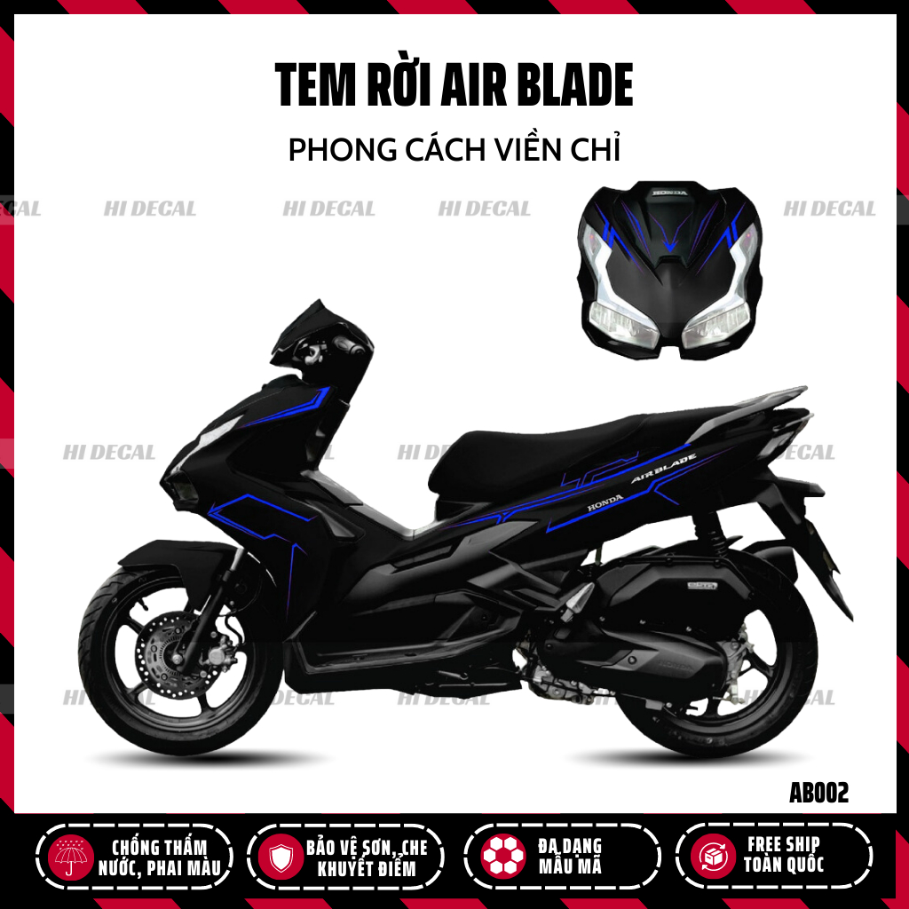 Tem rời AirBlade phong cách viền chỉ |AB2023-002| Decal dán xe AB cao cấp chống nước, bền màu