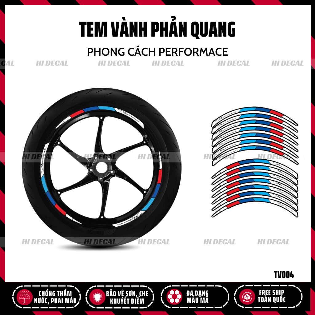 Tem dán vành phản quang Performance full 2 vành cho xe SH Wave Sirius |TV004| Decal tem phản quang cao cấp chống nước