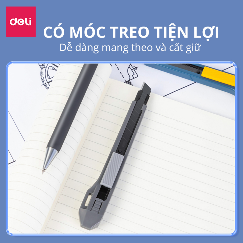 Dao rọc giấy Deli cao cấp lưỡi thép không gỉ SK5 - Dao rọc mini bỏ túi kim loại tiện lợi văn phòng học sinh có móc treo