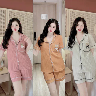 Đồ Ngủ Bộ Mặc Nhà PIJAMA Chất Vải Đũi Gân Phối Viền Quần Đùi Có Túi