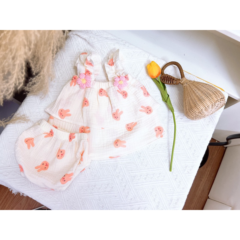 Bộ 2 dây bé gái, đồ bộ bé gái sơ sinh đính kèm hoa họa tiết dễ thương cho bé từ 5-15kg Tiệm Nhà Bơ