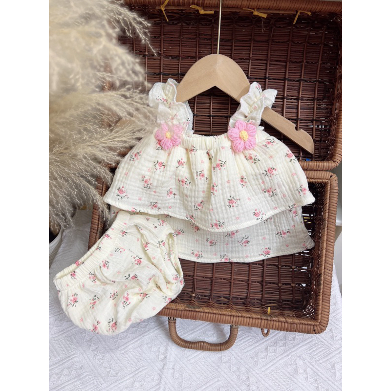 Bộ 2 dây bé gái, đồ bộ bé gái sơ sinh đính kèm hoa họa tiết dễ thương cho bé từ 5-15kg Tiệm Nhà Bơ