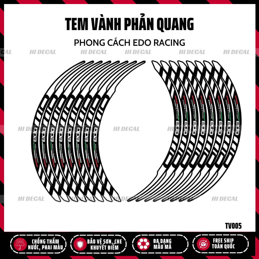Tem dán vành phản quang EDO Racing full 2 vành cho xe SH Vision XSR |TV005| Decal tem vành phản quang cao cấp chống nước
