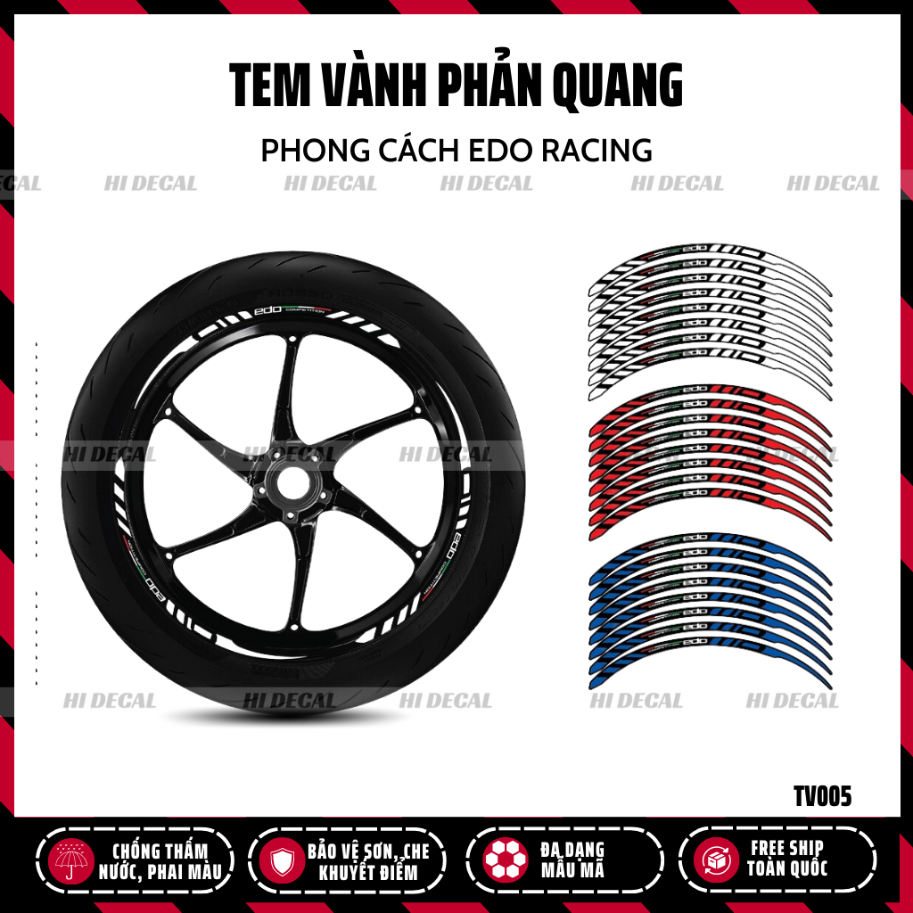 Tem dán vành phản quang EDO Racing full 2 vành cho xe SH Vision XSR |TV005| Decal tem vành phản quang cao cấp chống nước