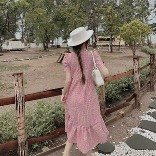 Đầm maxi dáng suông mặc đi chơi chất kate caro xốp phồng cổ tròn tay ngắn váy maxi phối đuôi cá dễ thương