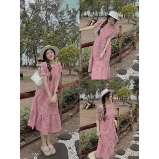 Đầm maxi dáng suông mặc đi chơi chất kate caro xốp phồng cổ tròn tay ngắn váy maxi phối đuôi cá dễ thương