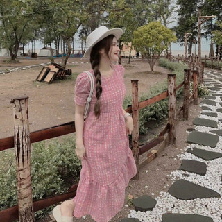 Đầm maxi dáng suông mặc đi chơi chất kate caro xốp phồng cổ tròn tay ngắn váy maxi phối đuôi cá dễ thương