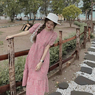 Đầm maxi dáng suông mặc đi chơi chất kate caro xốp phồng cổ tròn tay ngắn váy maxi phối đuôi cá dễ thương