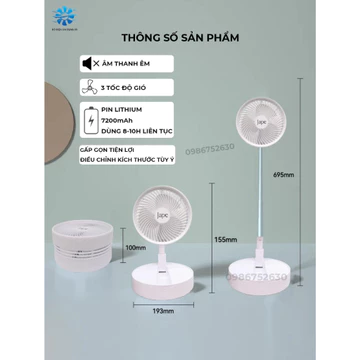 [MẪU MỚI 2023] Quạt tích điện JAPE gấp gọn cao cấp - Quạt để bàn dung lượng pin lớn 7200mAh, 3 tốc độ gió cực mạnh.gấp g