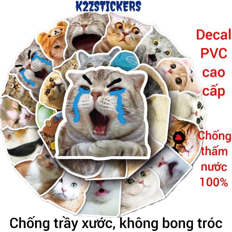 Gói 50 hình dán sticker mèo cute, chó vui nhộn chống nước, dán mũ bảo ...