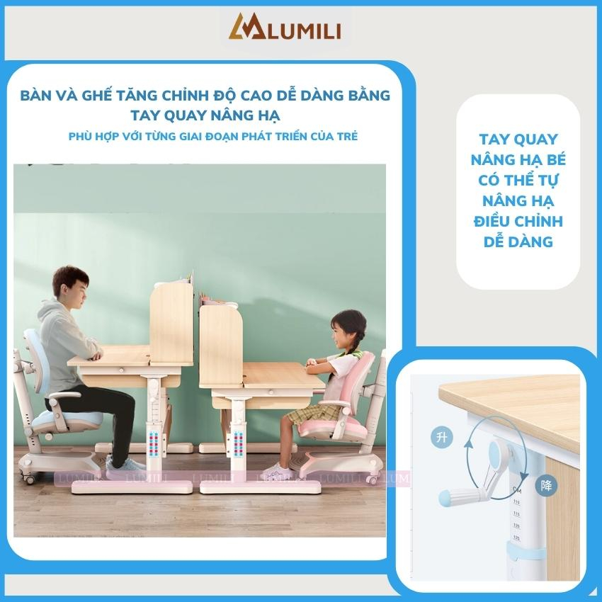 Bàn học chống gù thông minh trẻ em Lumili 310 gỗ tự nhiên cao cấp, bàn ngồi học cho bé 120cm