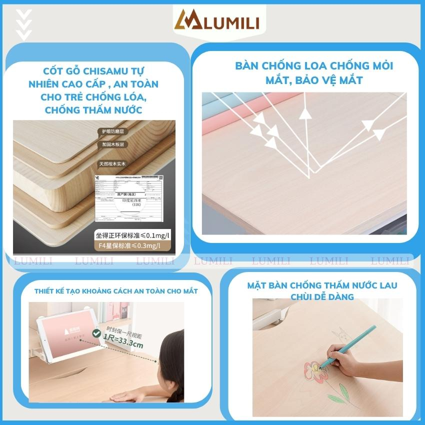 Bàn học chống gù thông minh trẻ em Lumili 310 gỗ tự nhiên cao cấp, bàn ngồi học cho bé 120cm