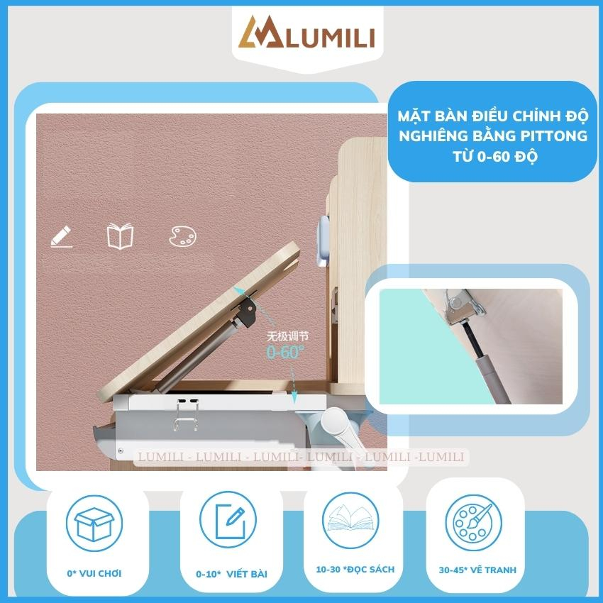 Bàn học chống gù thông minh trẻ em Lumili 310 gỗ tự nhiên cao cấp, bàn ngồi học cho bé 120cm