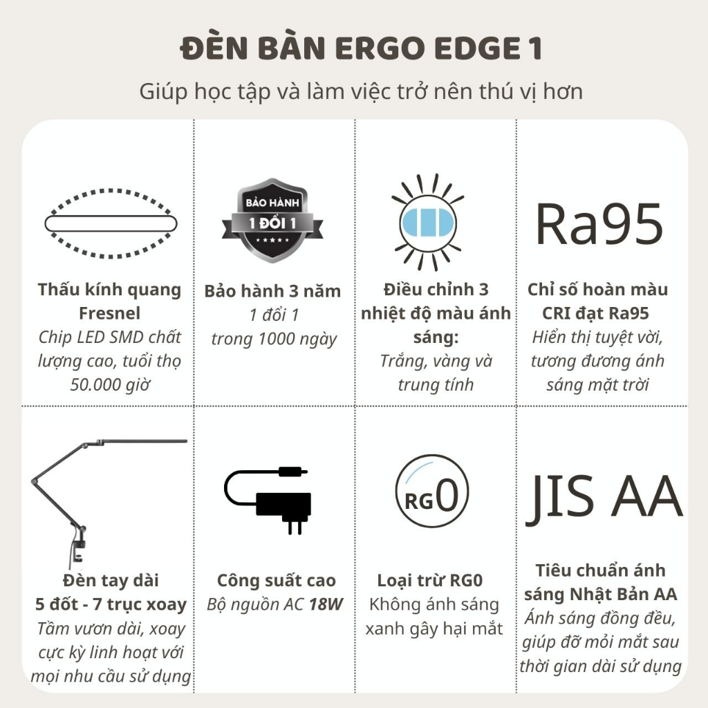 Ảnh Đèn bàn học bảo vệ mắt DandiHome Ergo 1 chống cận để làm việc, đọc sách có thể kéo dài và gấp gọn - 3 chế độ sáng 3