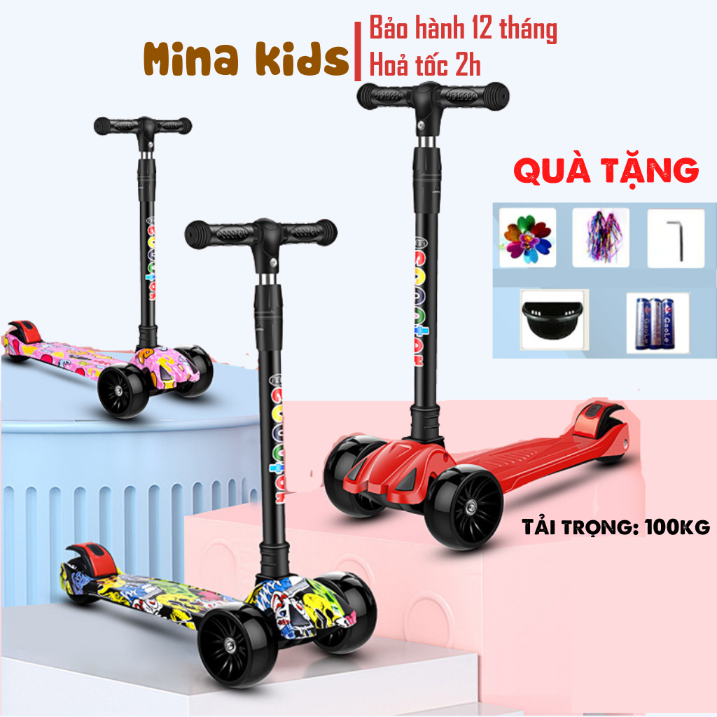 Xe trượt scooter chòi chân cho bé 2-14 tuổi, mẫu graffiti nổi bật có nhạc đèn, bánh xe 5cm phát sáng vĩnh cửu