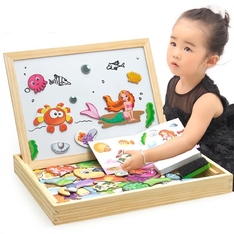 Đồ Chơi Bảng Gỗ Nam Châm Ghép Tranh 2 Mặt Hagykid Hàng Loại 1 Kèm Bút Xóa Giúp Bé Phát Triển Toàn Diện