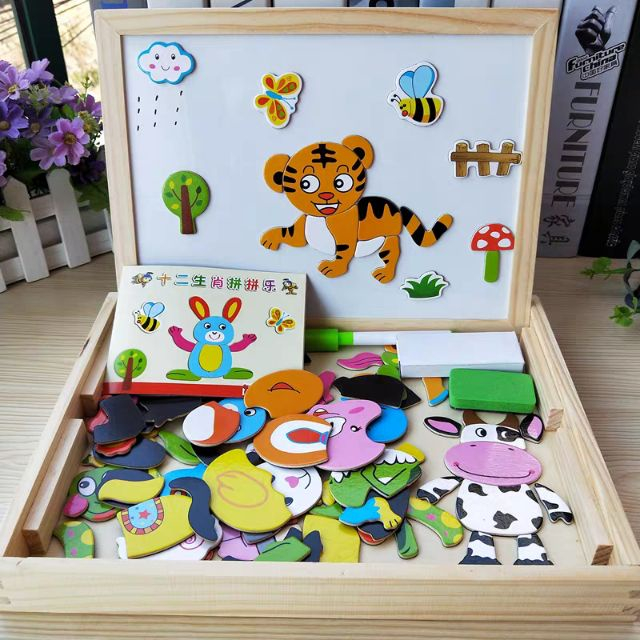 Đồ Chơi Bảng Gỗ Nam Châm Ghép Tranh 2 Mặt Hagykid Hàng Loại 1 Kèm Bút Xóa Giúp Bé Phát Triển Toàn Diện