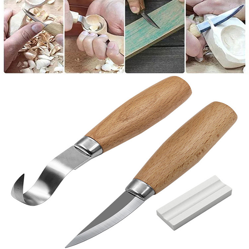 Bộ 2 dao điêu khắc cắt gọt nạo thủ công tặng kèm đá mài