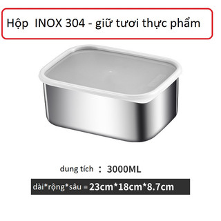 Inox 304 Hộp Cất Thực Phẩm 3000ml (sizse lớn )-Có Nắp Dẻo Kín Hơi Bảo Quản Thức Ăn Trong Tủ Lạnh.
