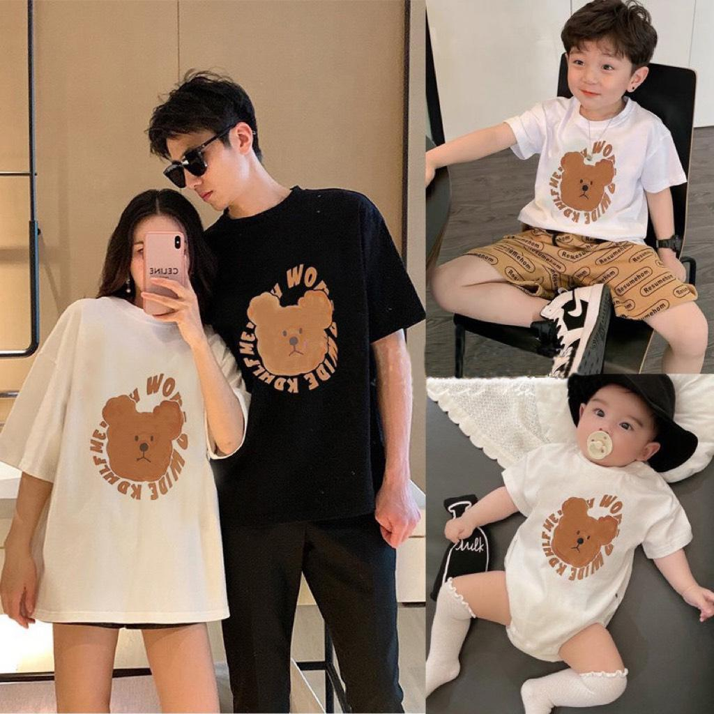 Set áo gia đình Hokiha Kid hoạ tiết mặt gấu dễ thương gồm áo bố mẹ, áo 