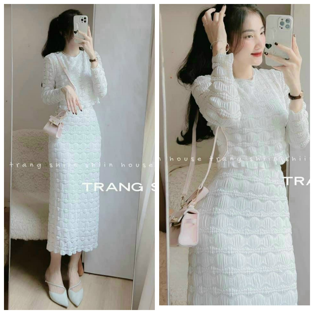 Sét váy nữ dáng dài chân váy midi cùng áo cổ tròn thanh lịch cho nang ...