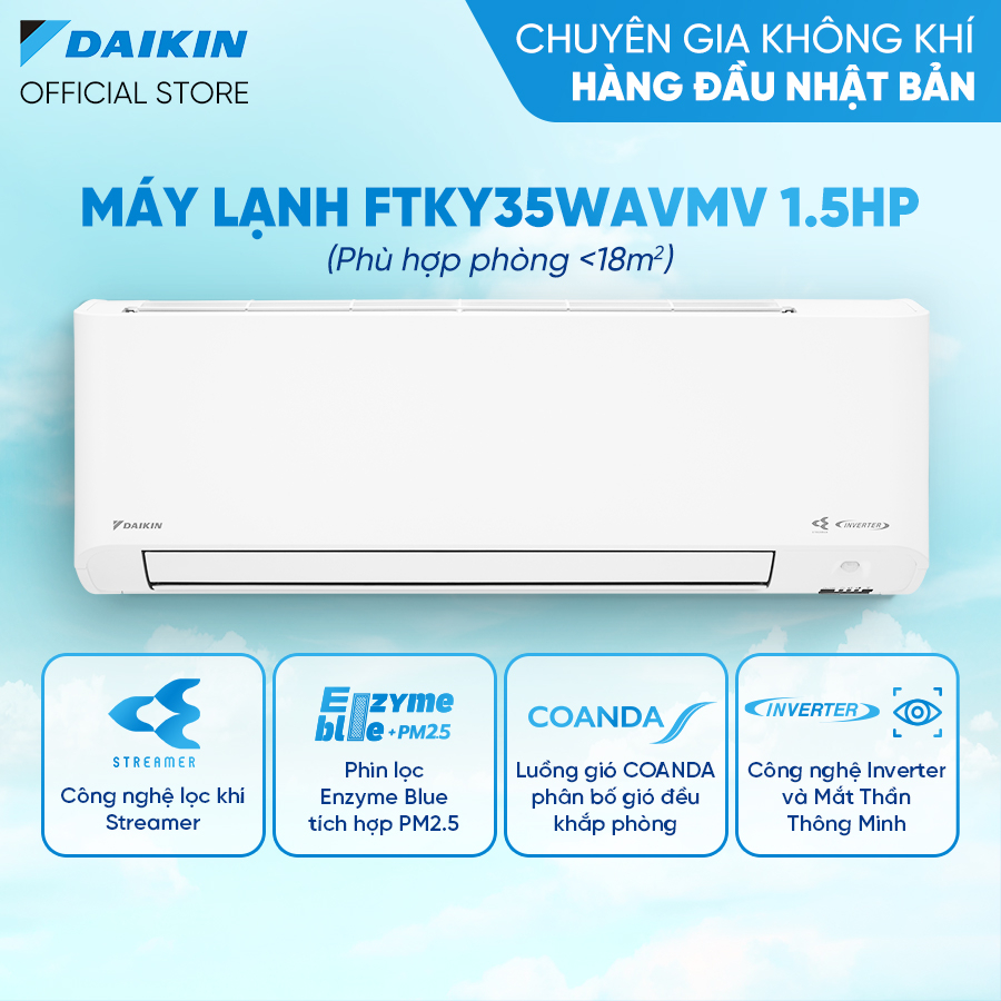 Máy Lạnh Daikin Inverter FTKY35WAVMV 1.5HP (12000BTU) - Streamer độc quyền - Tiết kiệm điện - Hàng chính hãng