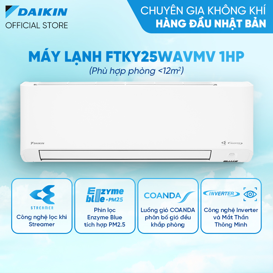 Máy Lạnh Daikin Inverter FTKY25WAVMV 1HP (9000BTU) - Streamer độc quyền - Tiết kiệm điện - Hàng chính hãng