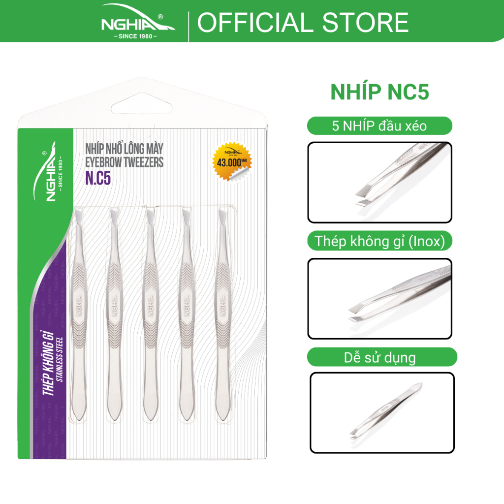 Ảnh Vỉ 5 Cây Nhíp Nhổ Lông Mày, Lông Mũi, Lông Nách, Tóc Bạc Inox KỀM NGHĨA N.C5 - Đầu Xéo 1