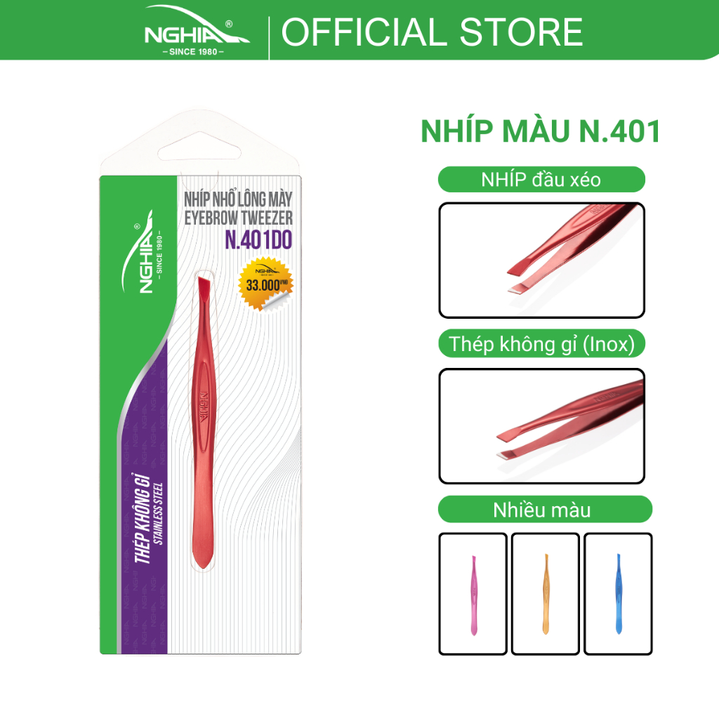 Ảnh Nhíp Nhổ Lông Mày, Lông Mũi, Lông Nách, Tóc Bạc Inox KỀM NGHĨA N.401 - Đầu Xéo - 4 Màu 1