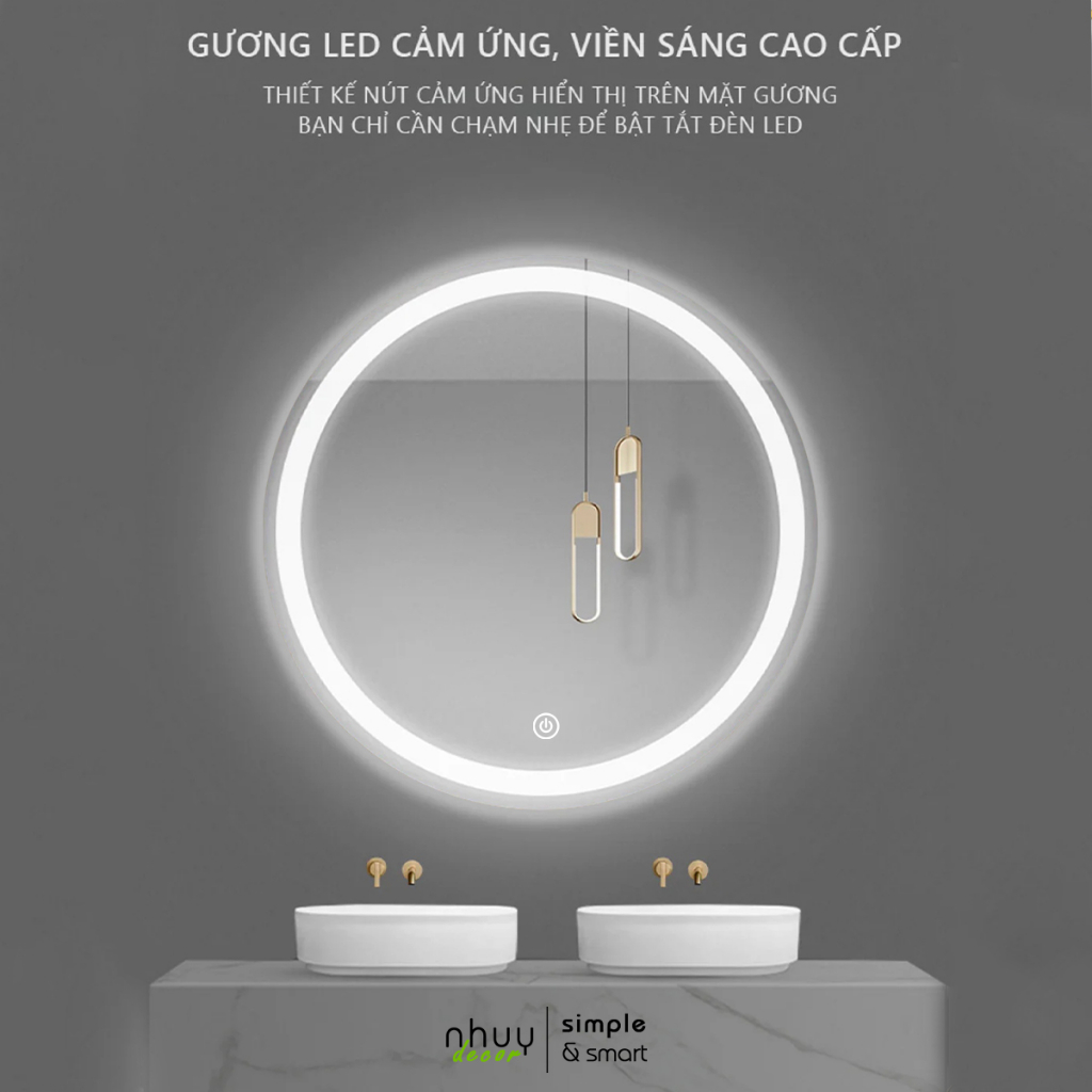 Gương trang điểm đèn led cảm ứng 3 màu NHU Y DECOR treo bàn trang điểm, bồn rữa tay, treo nhà tắm nút cảm ứng cực nhạy