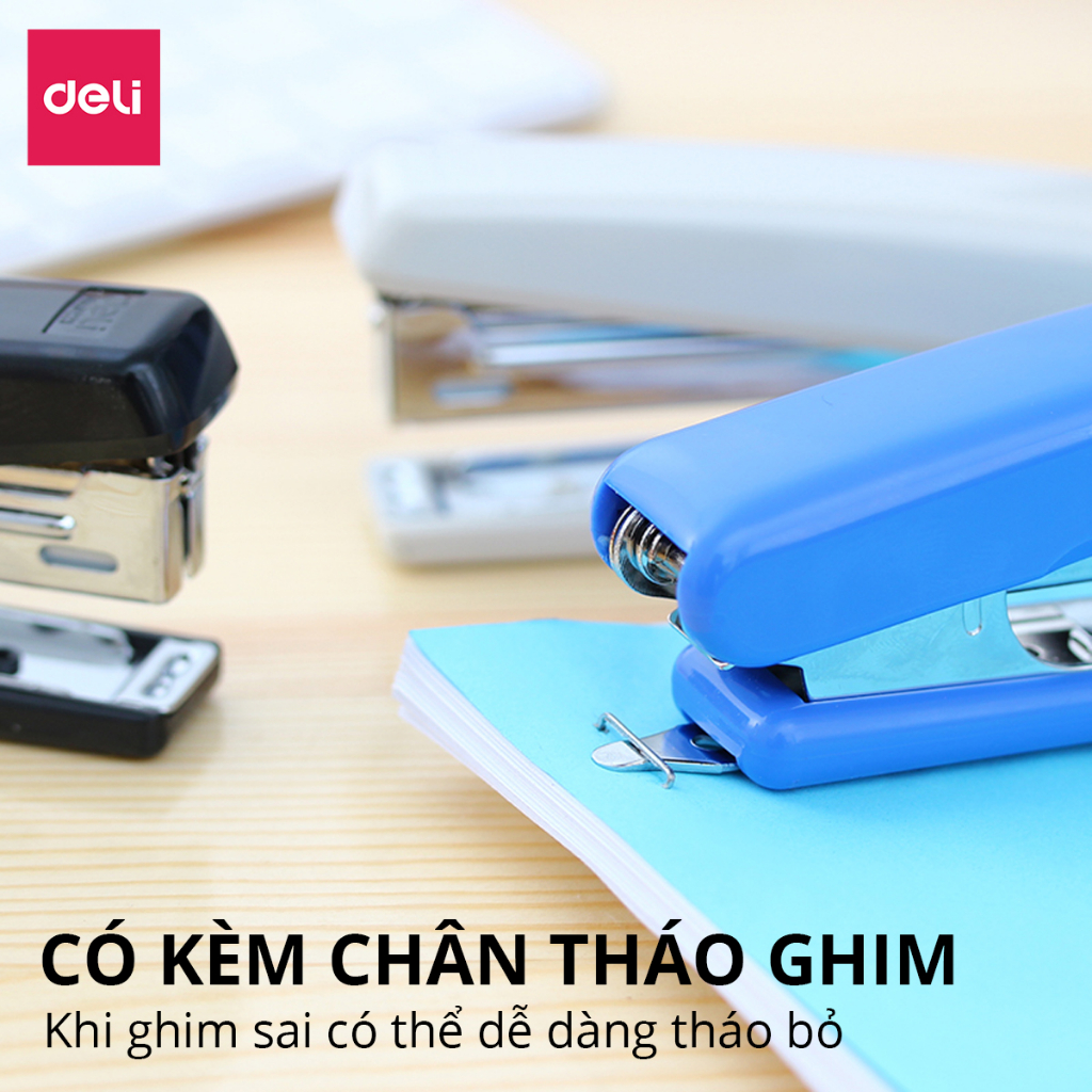 Dập ghim học sinh văn phòng Deli 15 trang tiện lợi, Ghim bấm giấy số 10 màu Xanh/Đen/Trắng