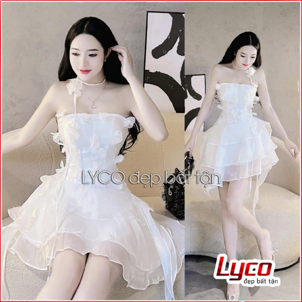 Yuna Dress F2 - Đầm Cúp Ngực Đính Kết Hoa Chéo Vai Tùng Xếp Ly