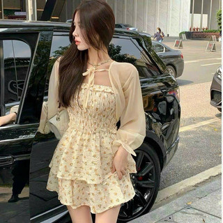 Đầm nữ thời trang mặc đi chơi chất xốp hoa trễ vai cúp ngực váy xoè phối tầng kèm áo khoác voan lưới tay dài bánh bèo