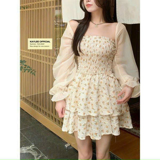 Đầm nữ thời trang mặc đi chơi chất xốp hoa trễ vai cúp ngực váy xoè phối tầng kèm áo khoác voan lưới tay dài bánh bèo